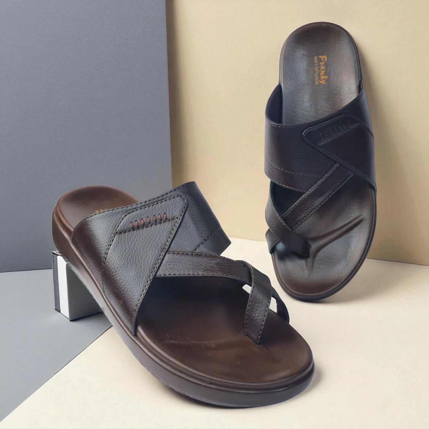 FRANKY GS44 Men's BROWN Chappal/Flip flop/Slipper Extra Soft Cushion Chappal/Slipper/ Ethnic Wear Leather Navratri Fashion Footwear.