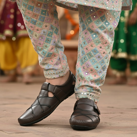 P&G N1401 Men's BROWN Slipon Sandal Extra Soft Sandal/Mojri/Ethnic Wear Leather With Adjustable Strap/Navratri Fashion Footwear.