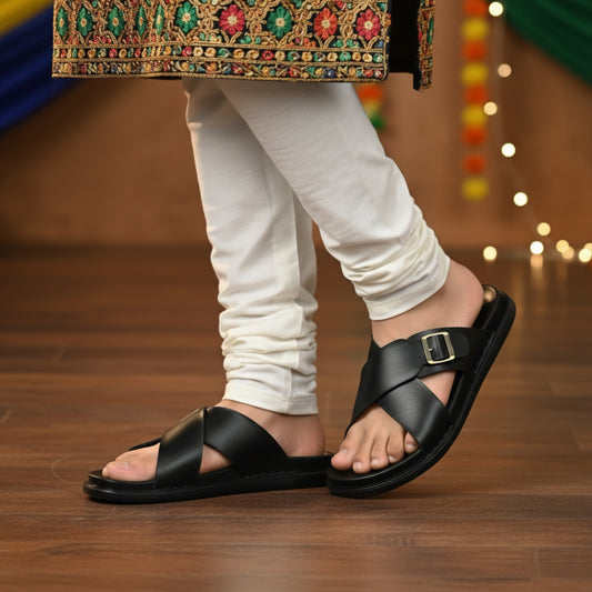 SKEROO 6408 Men's BLACK Chappal/Flip flop/Slipper Extra Soft Chappal Slipper Ethnic Wear Leather With Adjustable Buckle Strap Navratri Fashion Footwear.