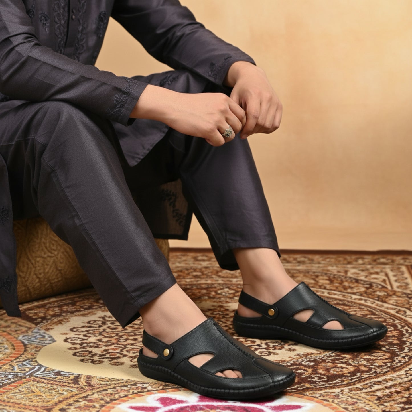 P&G 4030 Men's BLACK Slipon Sandal Extra Soft Sandal/Mojri/Ethnic Wear Leather With Adjustable Strap/Navratri Fashion Footwear.