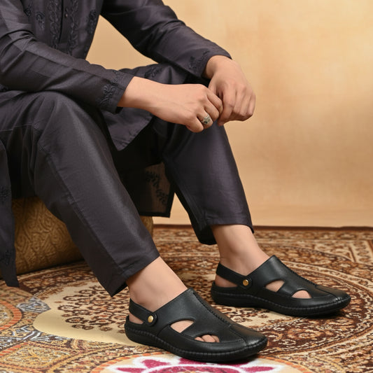 P&G 4030 Men's BLACK Slipon Sandal Extra Soft Sandal/Mojri/Ethnic Wear Leather With Adjustable Strap/Navratri Fashion Footwear.