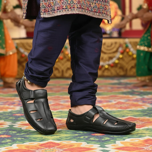 P&G N1404 Men's BLACK Slipon Sandal Extra Soft Sandal/Mojri/Ethnic Wear Leather With Adjustable Strap/Navratri Fashion Footwear.