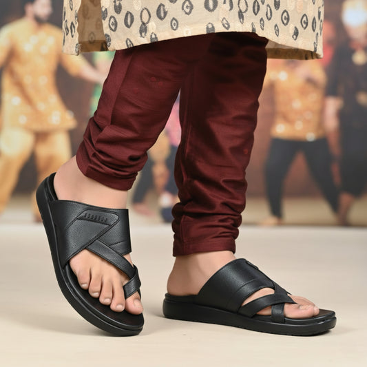 FRANKY GS44 Men's BLACK Chappal/Flip flop/Slipper Extra Soft Cushion Chappal/Slipper/ Ethnic Wear Leather Navratri Fashion Footwear.