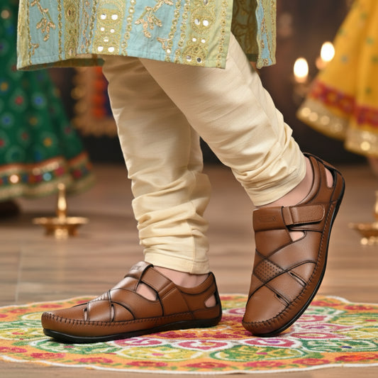 P&G N1401 Men's TAN Slipon Sandal Extra Soft Sandal/Mojri/Ethnic Wear Leather With Adjustable Strap/Navratri Fashion Footwear.