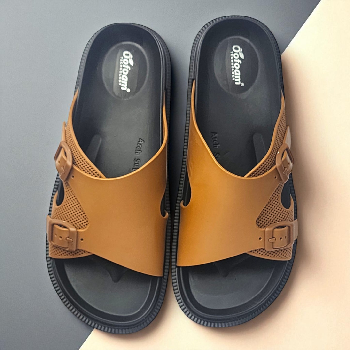 OOFOAM LEATHERTOUCH BLACK/TAN Men's Flip flop/Slides/Slipper