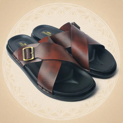 SKEROO 6408 Men's BROWN Chappal/Flip flop/Slipper Extra Soft Chappal Slipper Ethnic Wear Leather With Adjustable Buckle Strap Navratri Fashion Footwear