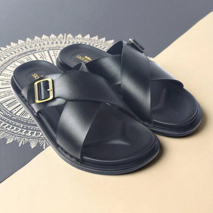 SKEROO 6408 Men's BLACK Chappal/Flip flop/Slipper Extra Soft Chappal Slipper Ethnic Wear Leather With Adjustable Buckle Strap Navratri Fashion Footwear.