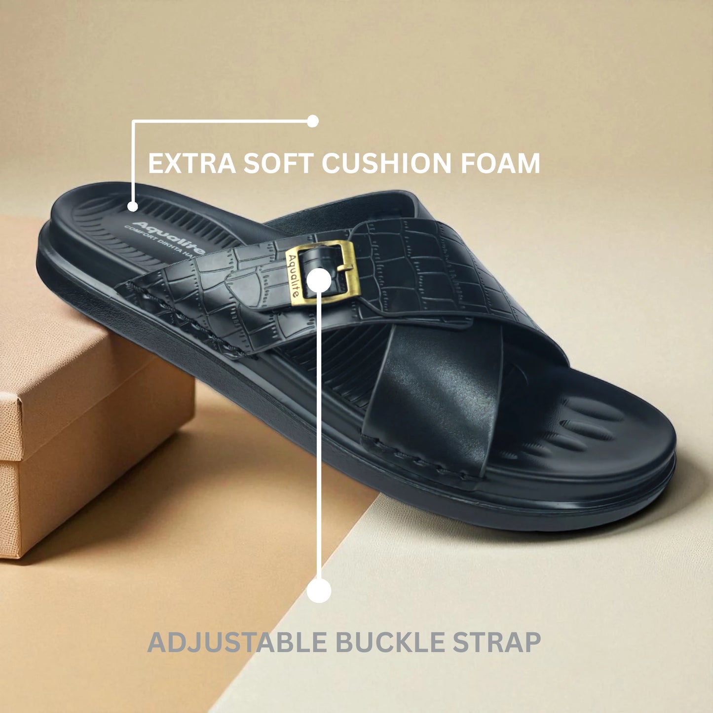 AQUALITE PG2123 BLACK Men's Chappal/Flip flop/ Slipper/Extra Soft Chappal/Slipper Ethnic Wear Leather With Adjustable Buckle Strap/Navratri Fashion Footwear.