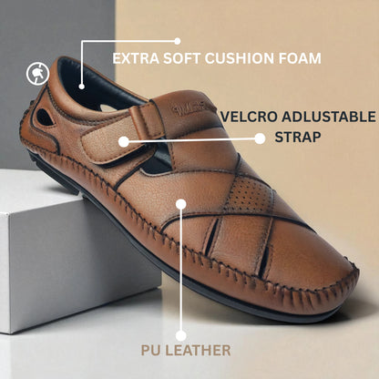 P&G N1401 Men's TAN Slipon Sandal Extra Soft Sandal/Mojri/Ethnic Wear Leather With Adjustable Strap/Navratri Fashion Footwear.