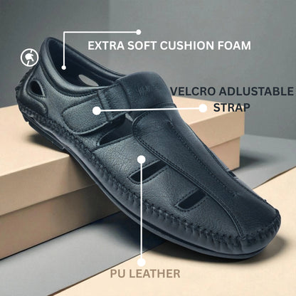 P&G N1404 Men's BLACK Slipon Sandal Extra Soft Sandal/Mojri/Ethnic Wear Leather With Adjustable Strap/Navratri Fashion Footwear.