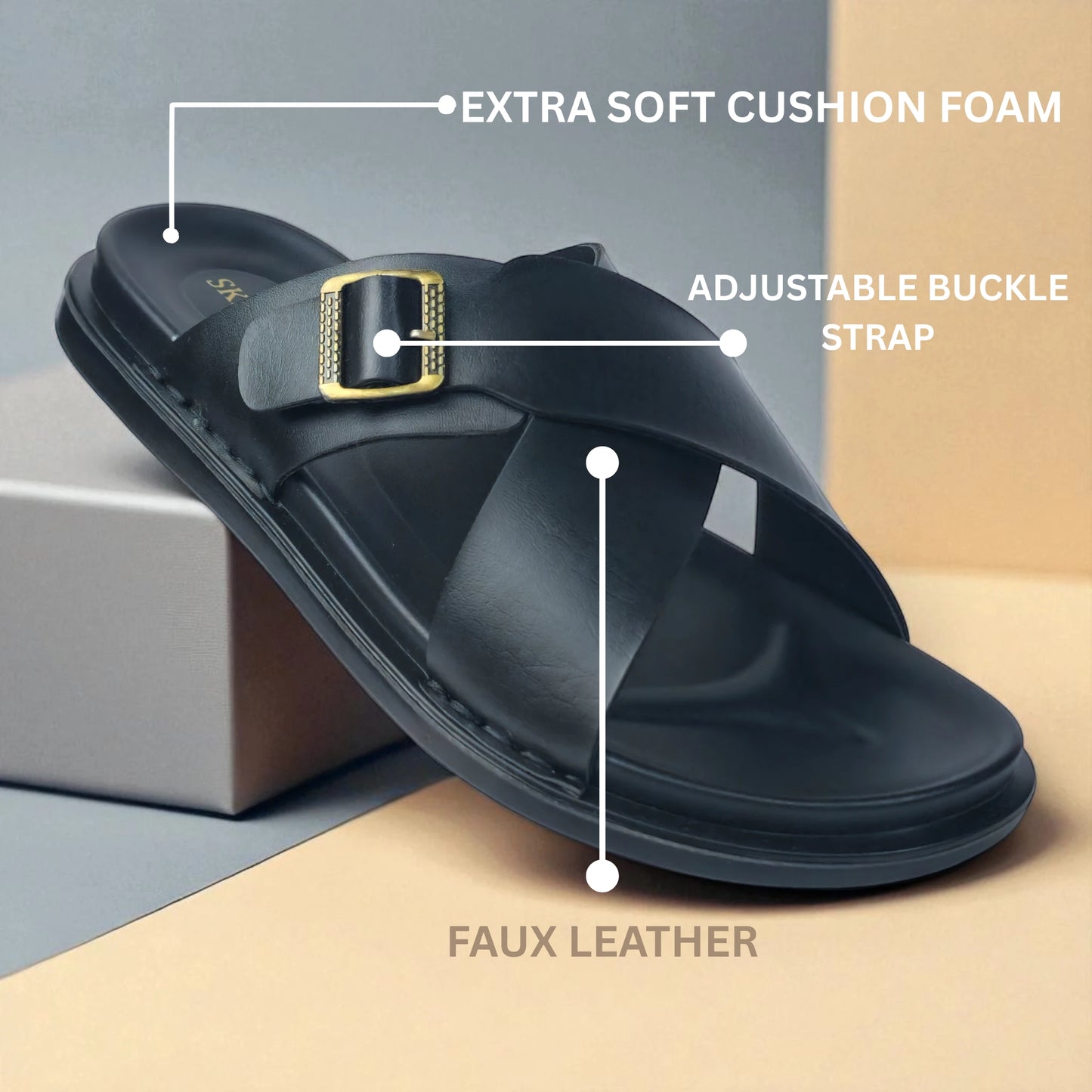 SKEROO 6408 Men's BLACK Chappal/Flip flop/Slipper Extra Soft Chappal Slipper Ethnic Wear Leather With Adjustable Buckle Strap Navratri Fashion Footwear.