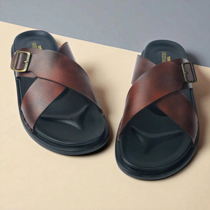 SKEROO 6408 Men's BROWN Chappal/Flip flop/Slipper Extra Soft Chappal Slipper Ethnic Wear Leather With Adjustable Buckle Strap Navratri Fashion Footwear