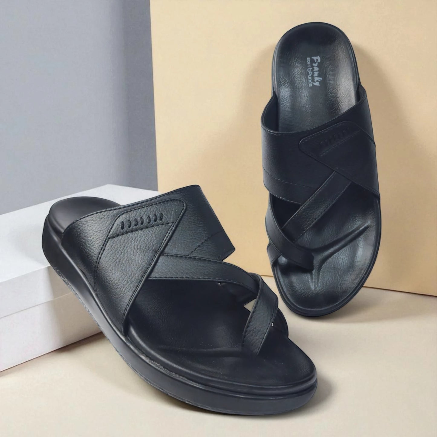 FRANKY GS44 Men's BLACK Chappal/Flip flop/Slipper Extra Soft Cushion Chappal/Slipper/ Ethnic Wear Leather Navratri Fashion Footwear.