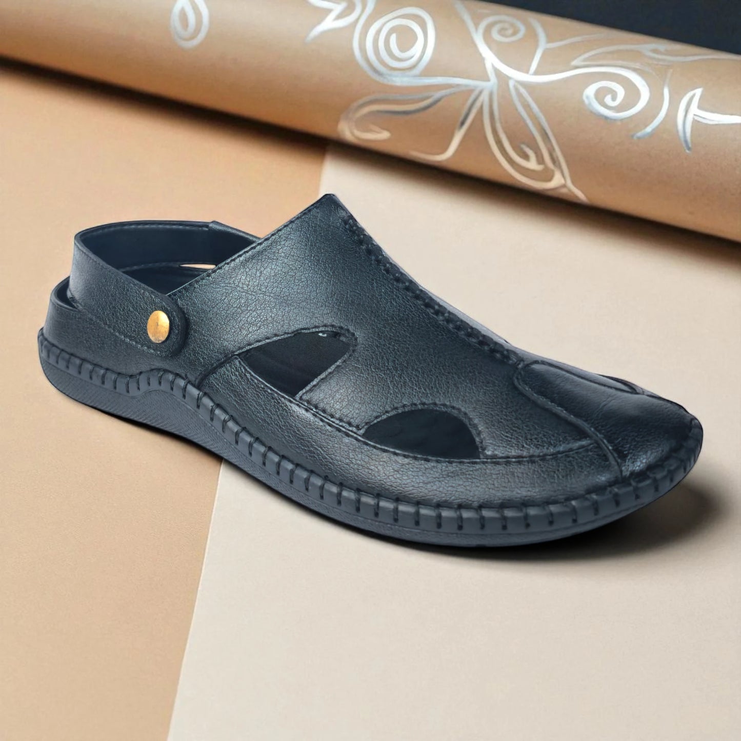 P&G 4030 Men's BLACK Slipon Sandal Extra Soft Sandal/Mojri/Ethnic Wear Leather With Adjustable Strap/Navratri Fashion Footwear.