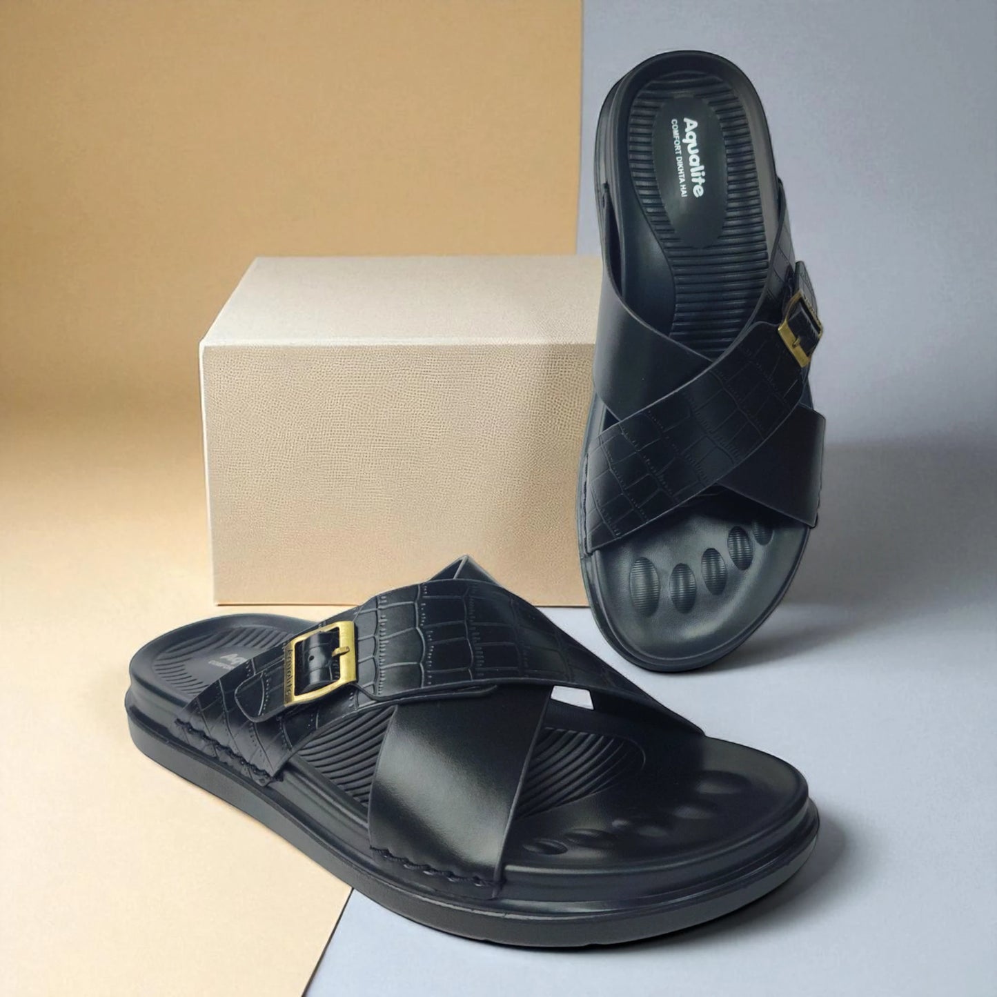 AQUALITE PG2123 BLACK Men's Chappal/Flip flop/ Slipper/Extra Soft Chappal/Slipper Ethnic Wear Leather With Adjustable Buckle Strap/Navratri Fashion Footwear.