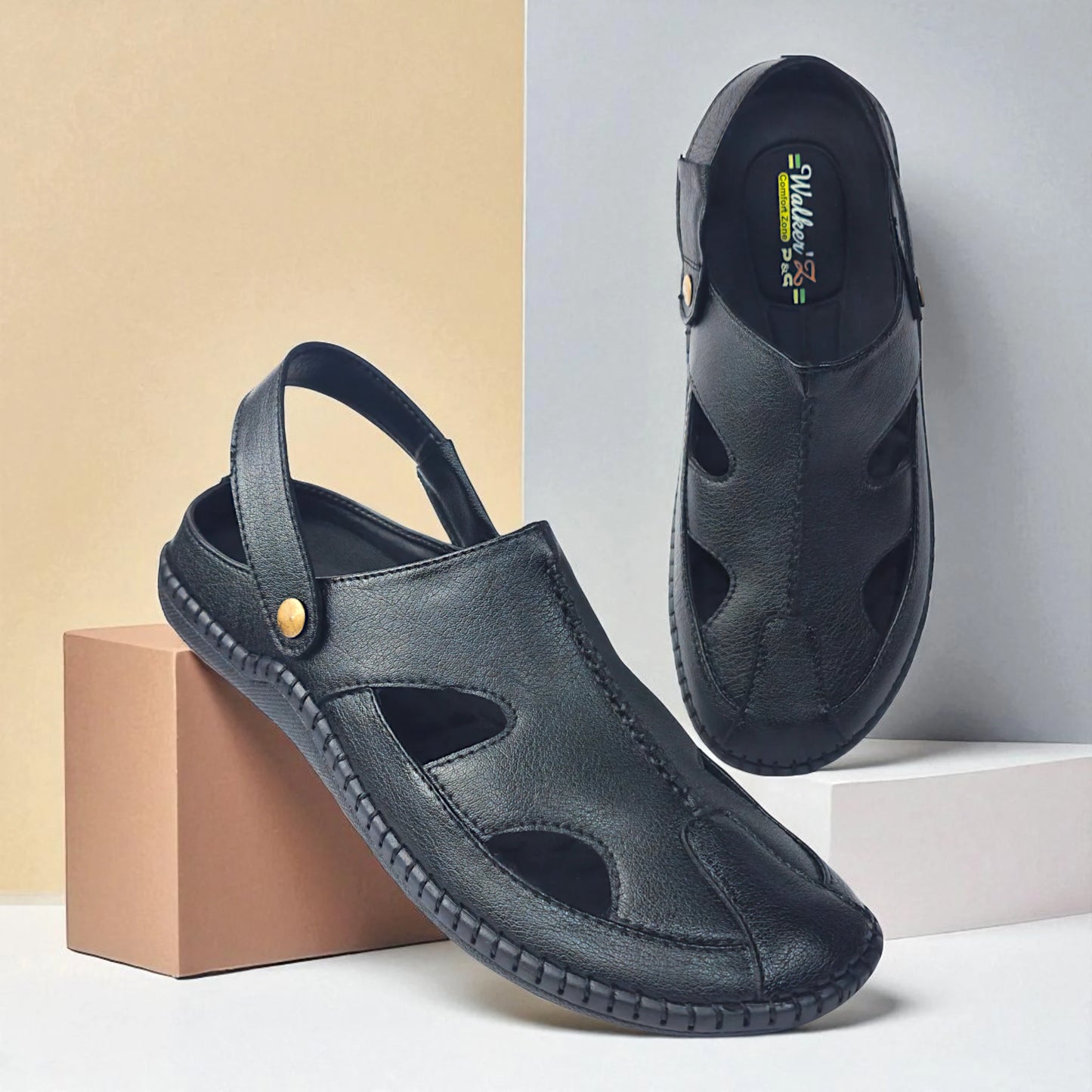 P&G 4030 Men's BLACK Slipon Sandal Extra Soft Sandal/Mojri/Ethnic Wear Leather With Adjustable Strap/Navratri Fashion Footwear.