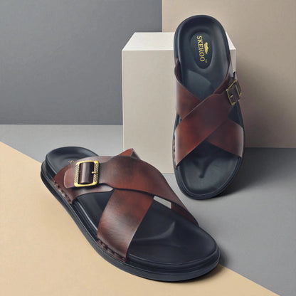 SKEROO 6408 Men's BROWN Chappal/Flip flop/Slipper Extra Soft Chappal Slipper Ethnic Wear Leather With Adjustable Buckle Strap Navratri Fashion Footwear