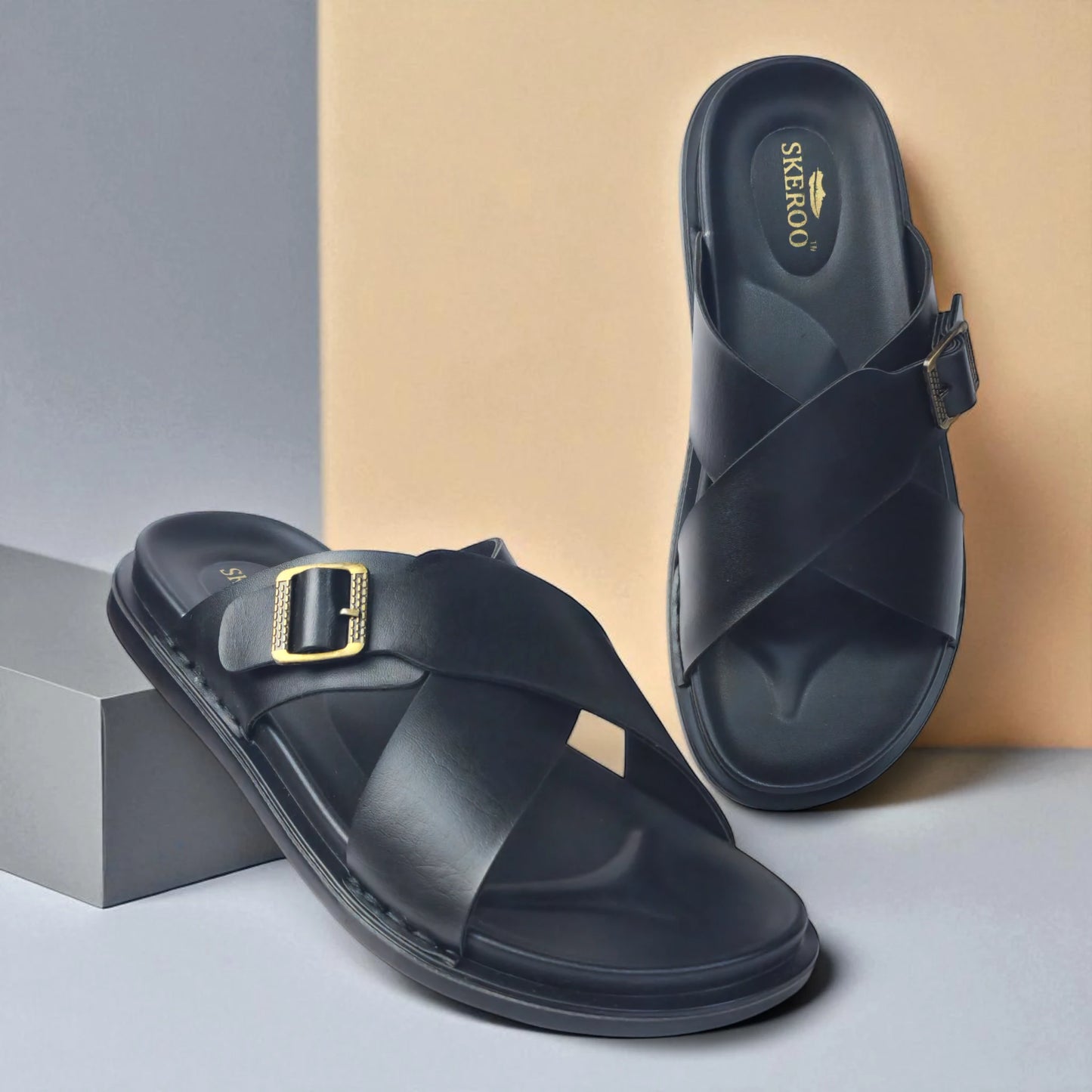 SKEROO 6408 Men's BLACK Chappal/Flip flop/Slipper Extra Soft Chappal Slipper Ethnic Wear Leather With Adjustable Buckle Strap Navratri Fashion Footwear.
