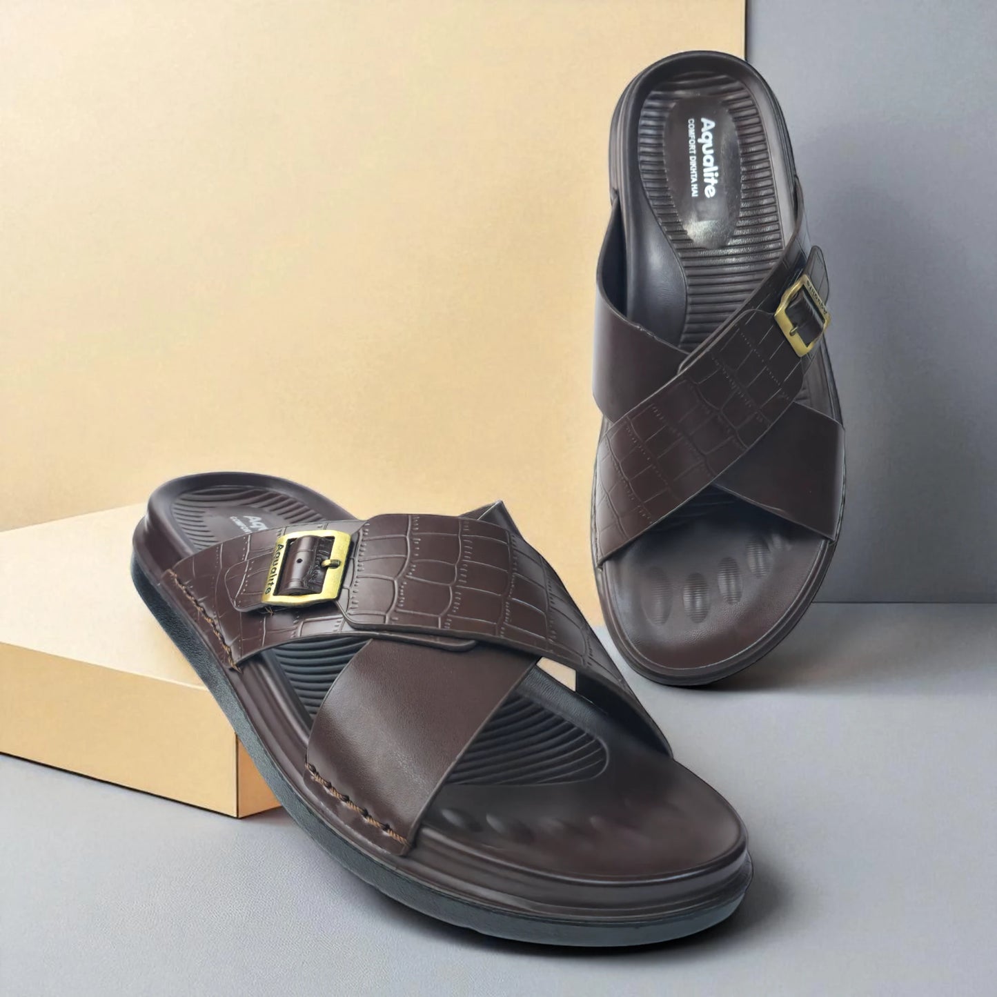 AQUALITE PG2123 BROWN Men's Chappal/Flip flop/ Slipper/Extra Soft Chappal/Slipper Ethnic Wear Leather With Adjustable Buckle Strap/Navratri Fashion Footwear.