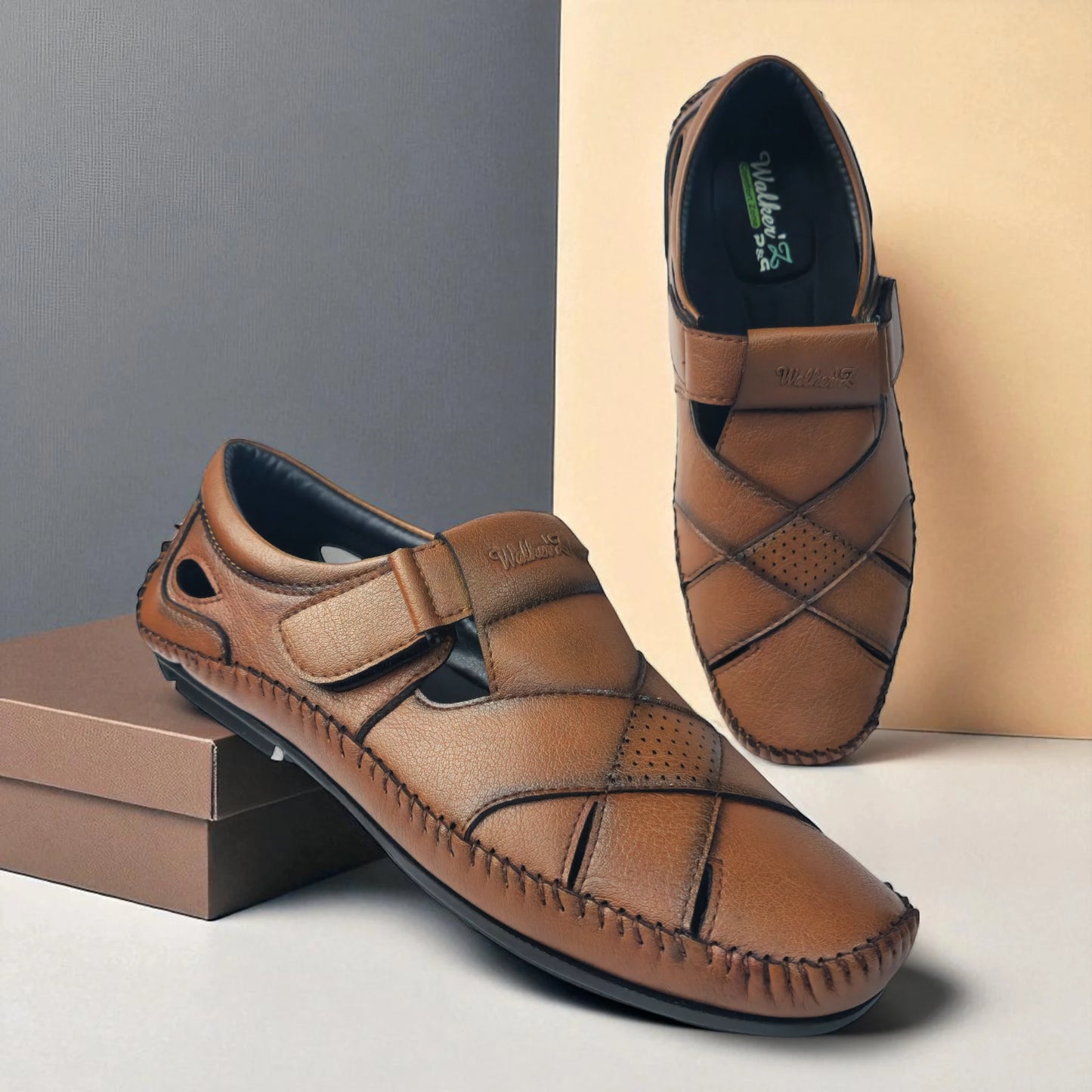 P&G N1401 Men's TAN Slipon Sandal Extra Soft Sandal/Mojri/Ethnic Wear Leather With Adjustable Strap/Navratri Fashion Footwear.
