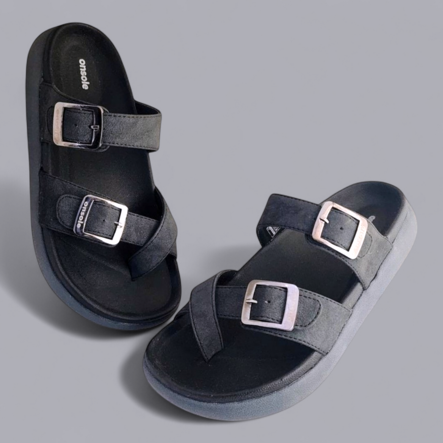 ONSOLE LEO BLACK Men's Slides/Chapple Double-Strap Sandals with Buckle Closure