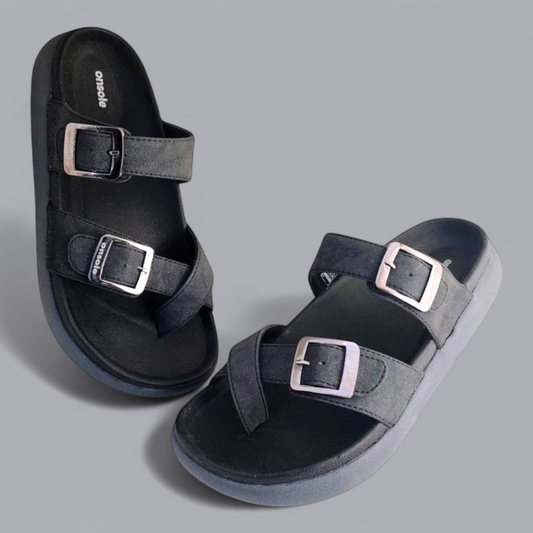 ONSOLE LEO BLACK Men's Slides/Chapple Double-Strap Sandals with Buckle Closure