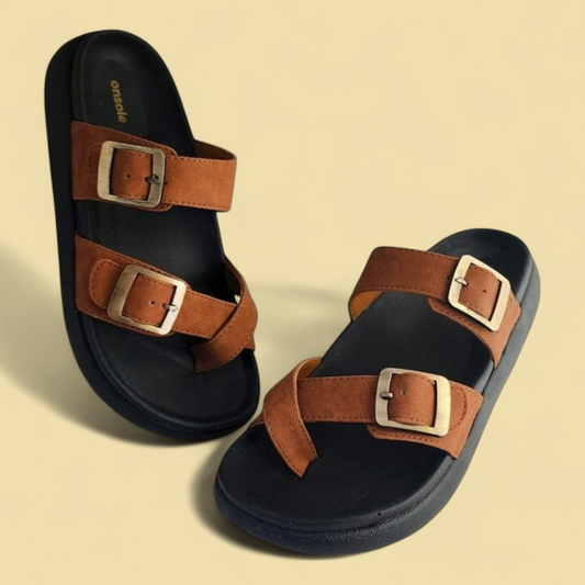ONSOLE LEO TAN Men's Slides/Chapple Double-Strap Sandals with Buckle Closure
